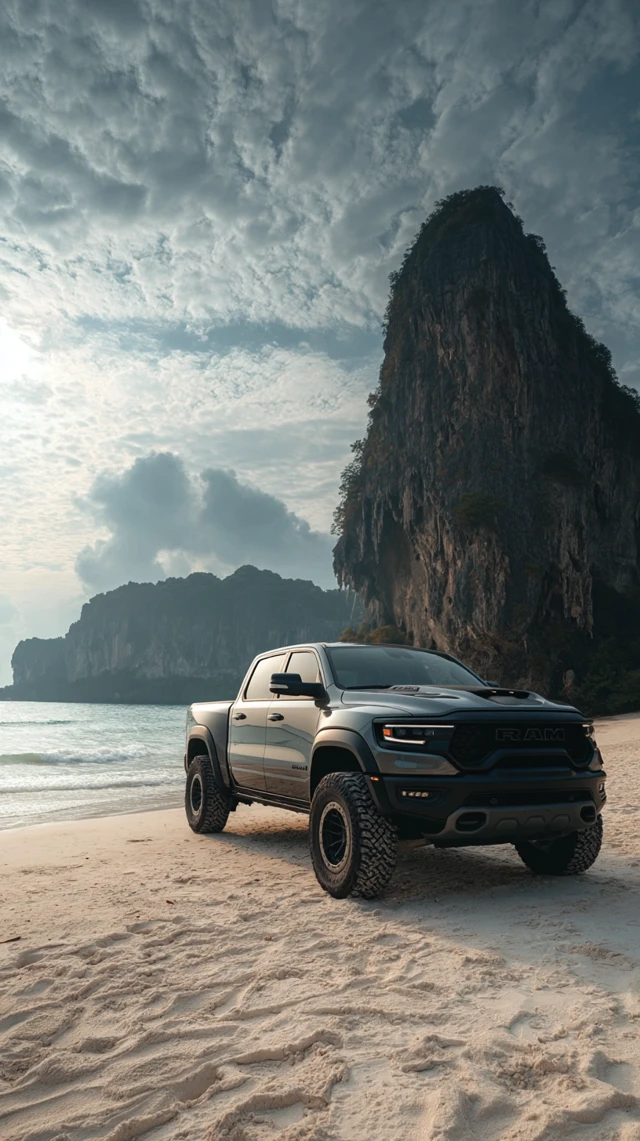 2024 Ram TRX on Beach with Koh Phi Phi Cliffs