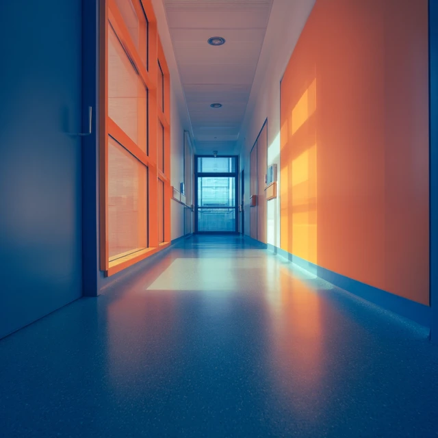 Modern Hospital Corridor in Orange and Blue