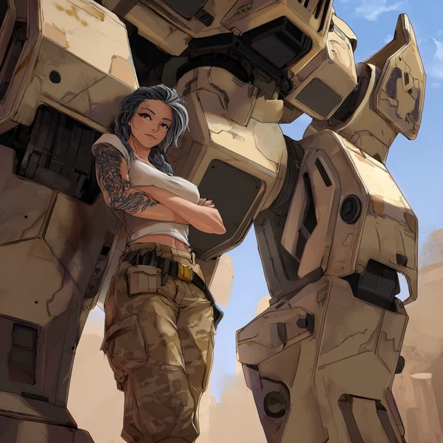 Anime Female Soldier and Mech