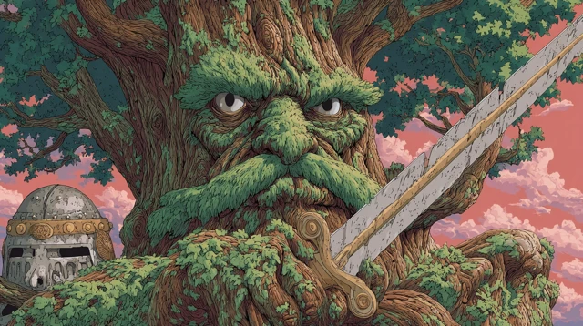 Angry Anime Tree Warrior with Sword and Helmet