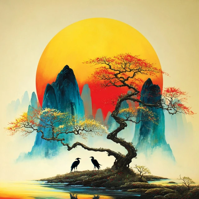 Roger Dean Inspired Landscape with Birds and Sunset