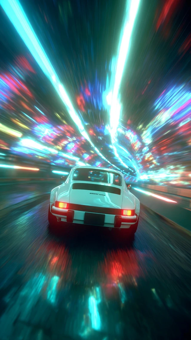 Retro Sports Car in Neon Tunnel Time Travel