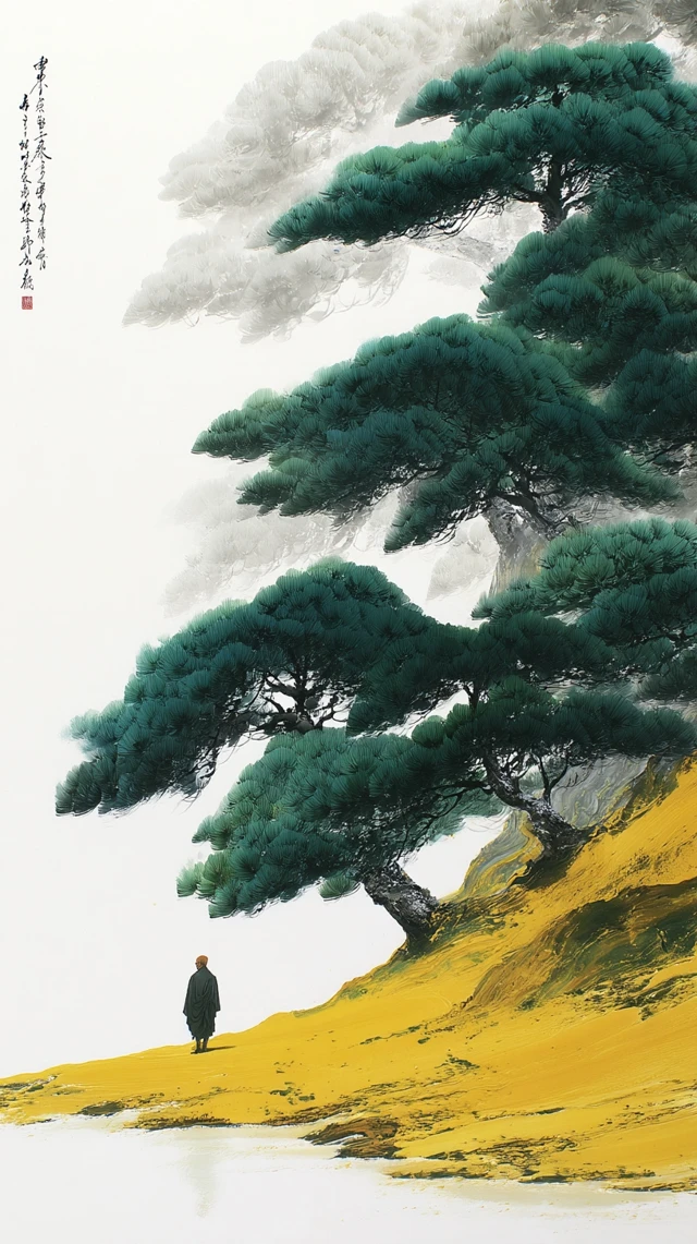 Zen Monk and Pine Tree Ink Painting Illustration
