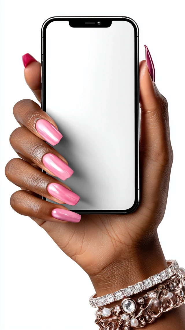 iPhone 15 Pro Max Mockup Black Hand with Pink Nails