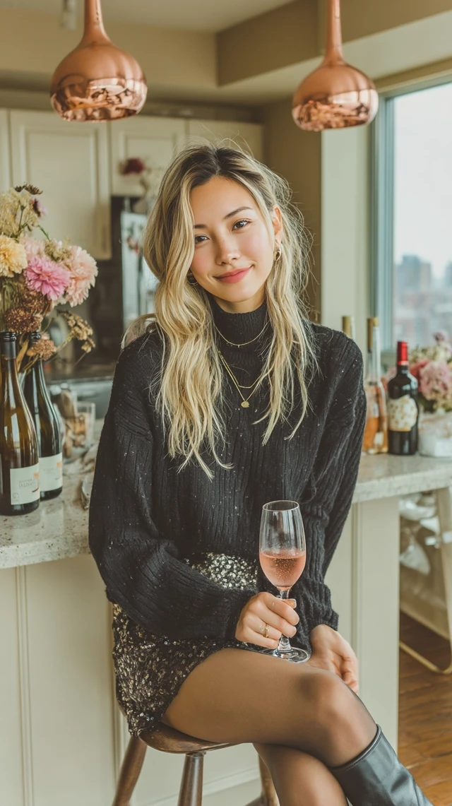Elegant Asian Woman in Modern Kitchen with Champagne