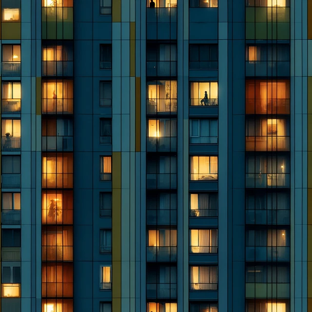 Apartment Building Facade at Night