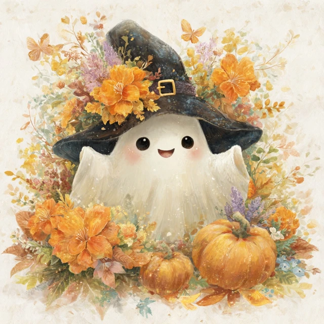Cute Cartoon Ghost in Witch Hat Halloween Illustration