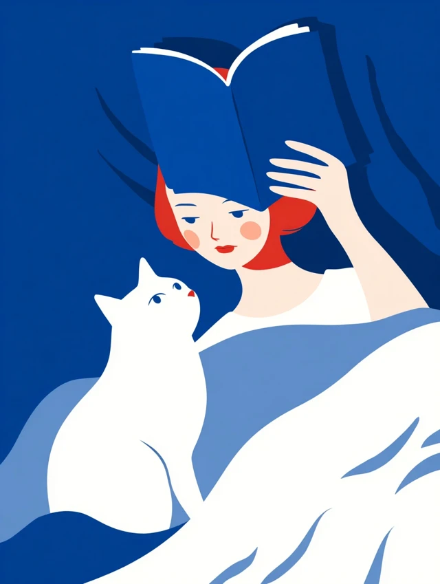 Woman Reading in Bed with Cat Minimalist Art