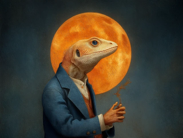 Lizardman and Orange Moon Painting by Christian Schloe