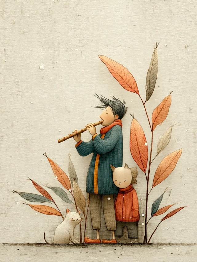 Chinese Flute Player with Cats Illustration