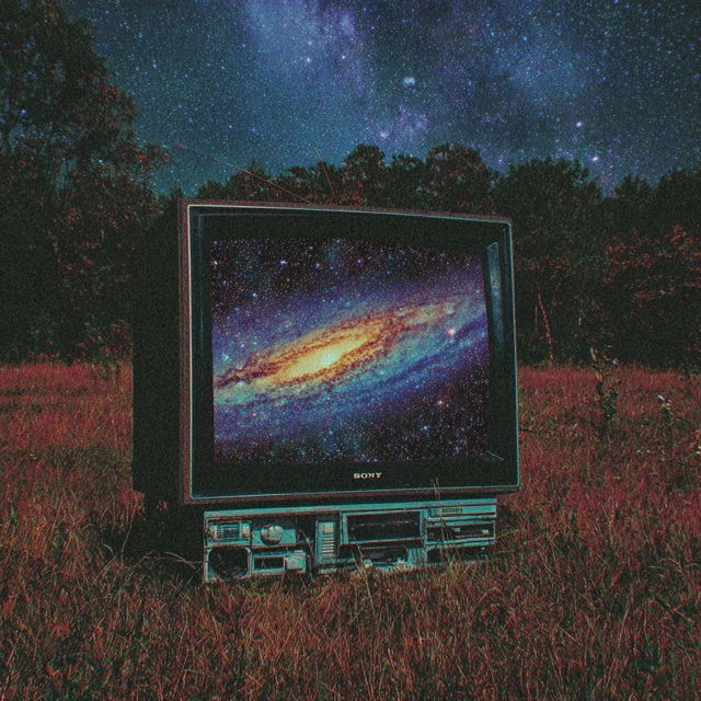 Cosmic Galaxy TV on Meadow Landscape Illustration
