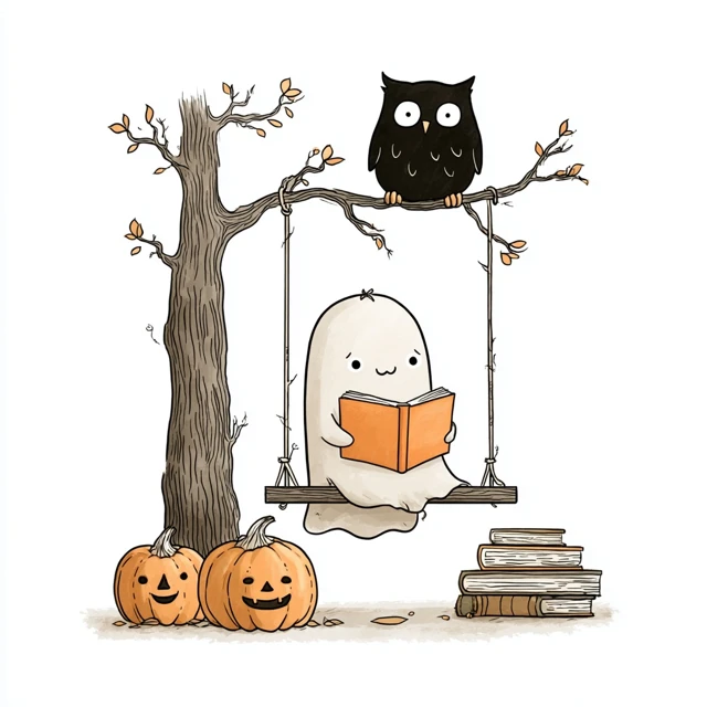 Cute Ghost Reading Book Halloween Illustration