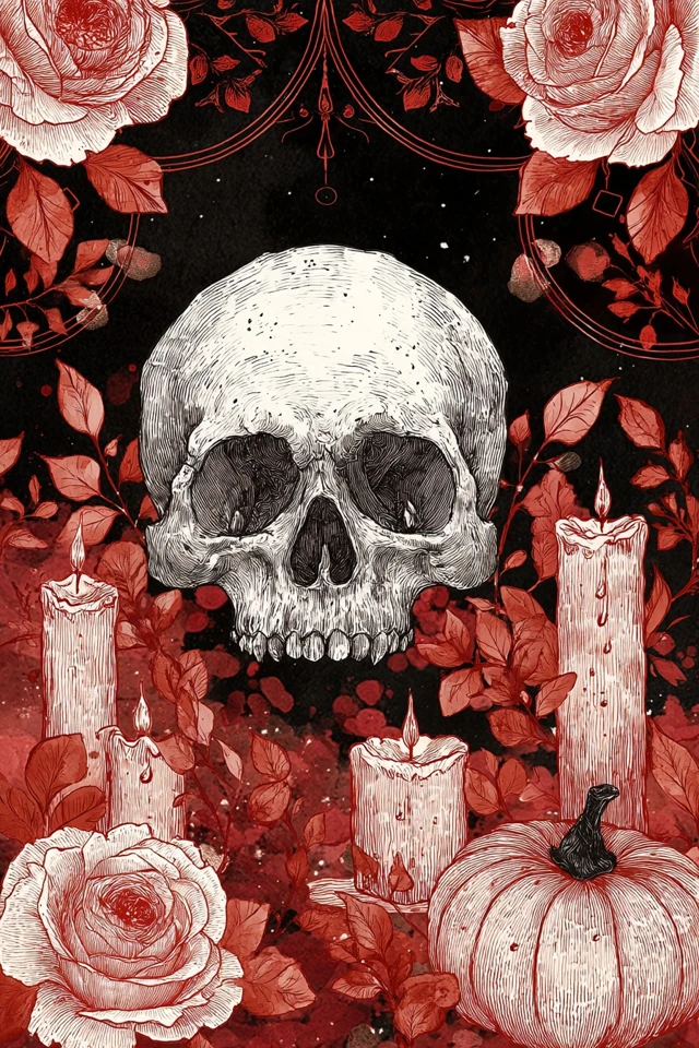 Halloween Gothic Illustration Skull Rose Pumpkin Candles