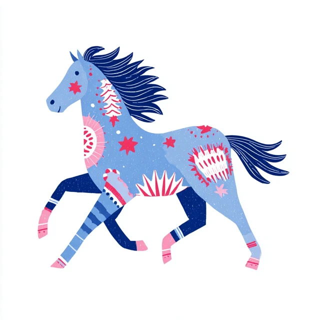 Blue Horse Illustration Flat Design Childlike Charm Art