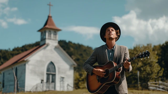 Country Singer with Guitar and Church in Background