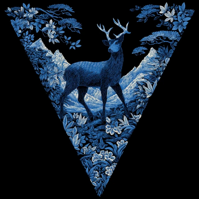 Blue Deer Ukiyo e Art Forest and Mountain Motif