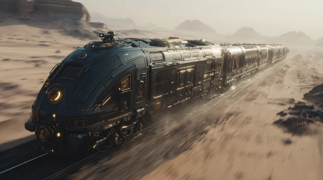 Teslapunk Train Futuristic Desert Scenery
