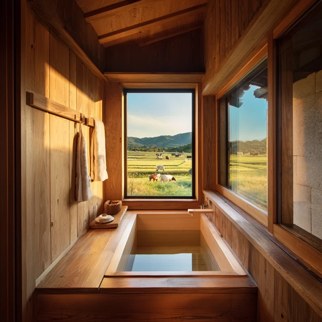 Japanese Style Wooden Bathtub With Field View