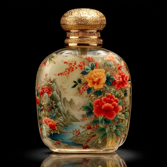 Glass Snuff Bottle with Floral Painting and Mountain View