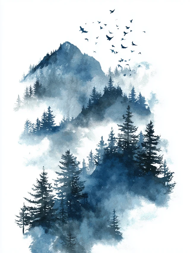Misty Mountain Watercolor Forest Illustration