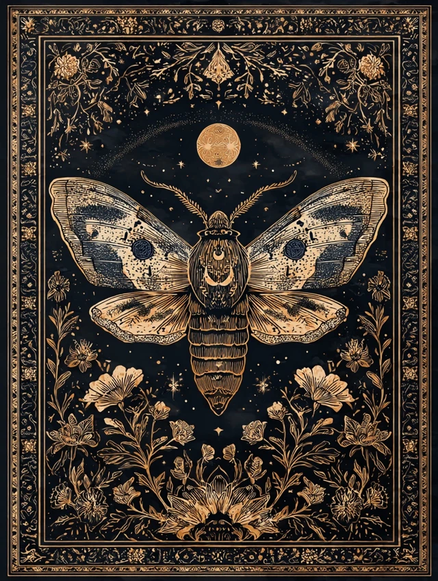 Vintage Moth Tapestry Celestial Art with Flowers