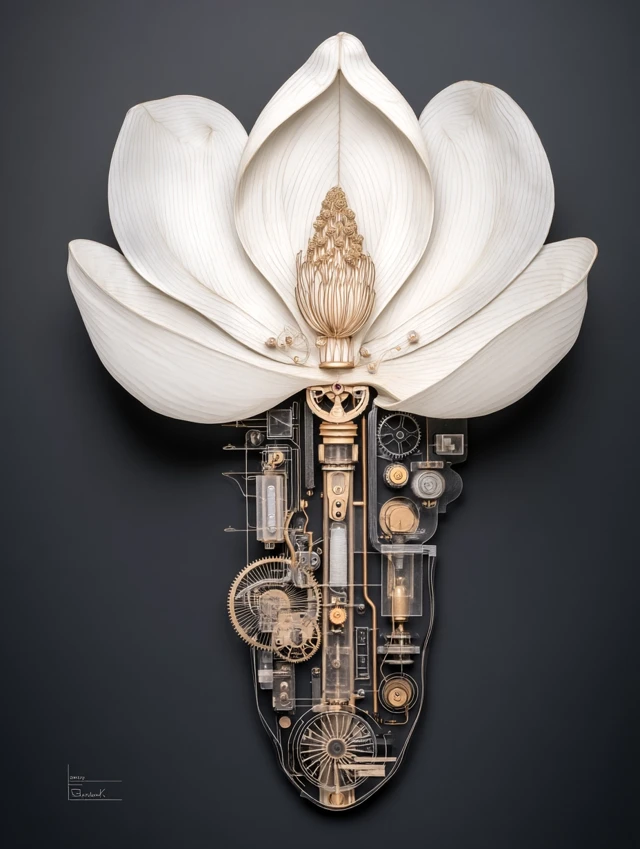 Art Deco Magnolia Flower Black and White Gilded