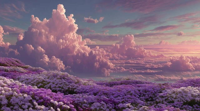 Purple Flowers and Fluffy Clouds Scenery
