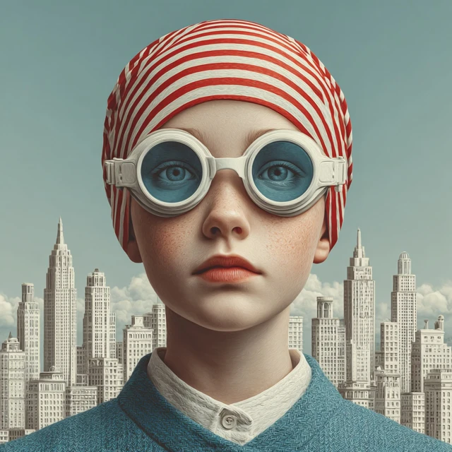 Girl in Swim Cap and Goggles with Cityscape
