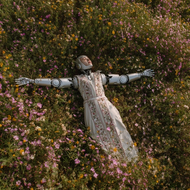 Robot Woman in Flower Field Surreal Dream