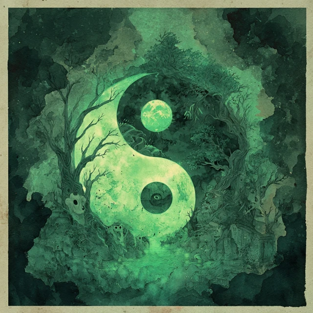 Eerie Yin Yang Watercolor Art with Chinese Ghost