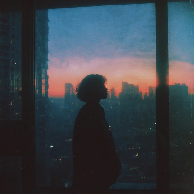 Woman at Window Cityscape Dreamy Dusk