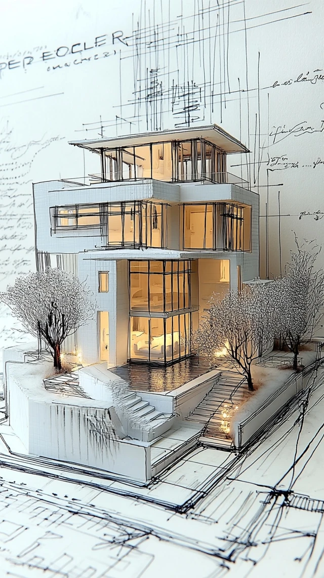 Contemporary White Villa Hand Drawn Sketch