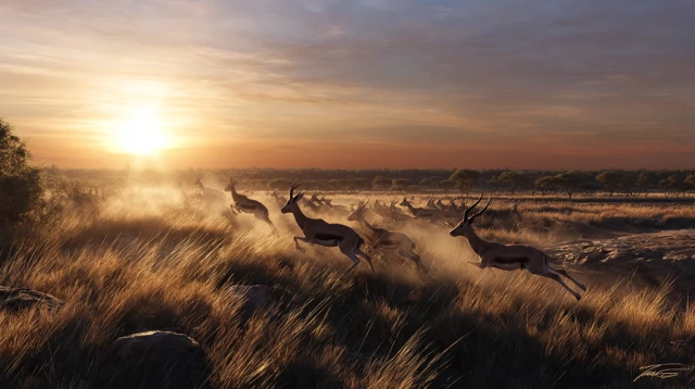 Savanna Sunrise: Antelopes Running Across the Plains