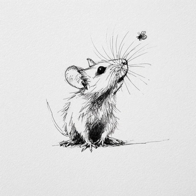 Mouse and Ladybug Minimalist Ink Sketch