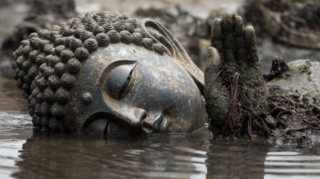 Submerged Buddha Statue Ancient Pond Stone Head
