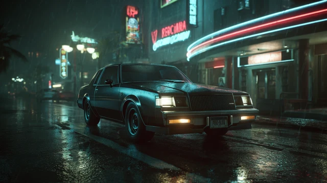 Retro Sports Car in 80s Futuristic City Neon Lights