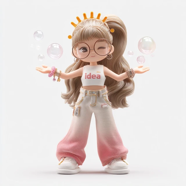 3D Blind Box Toy Girl with Glowing Bubbles and Idea Top