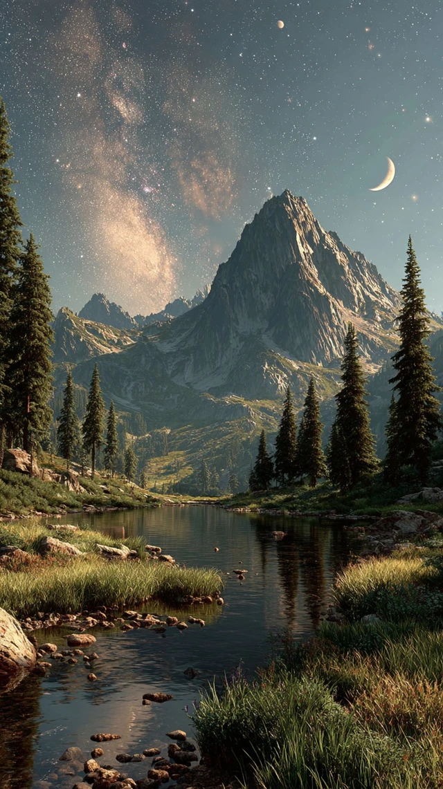 Mountain Lake Night Sky Scenery