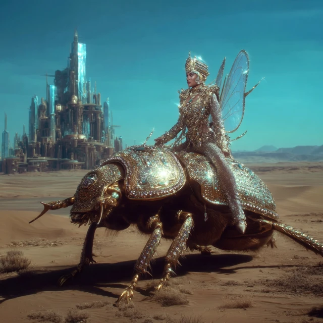 Elegant Queen on Jewel Beetle in Desert Fantasy