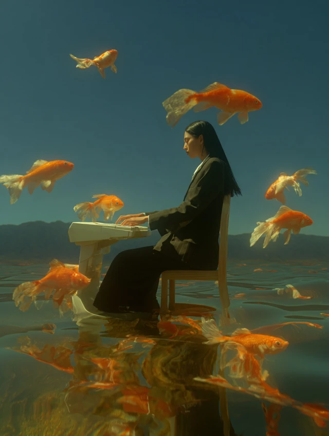 Woman in Suit Playing Computer Underwater with Koi Fish