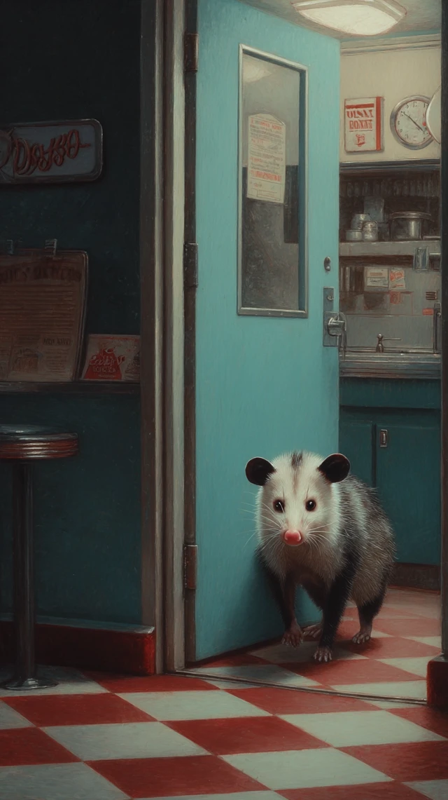 Opossum Enters Diner Realistic Illustration