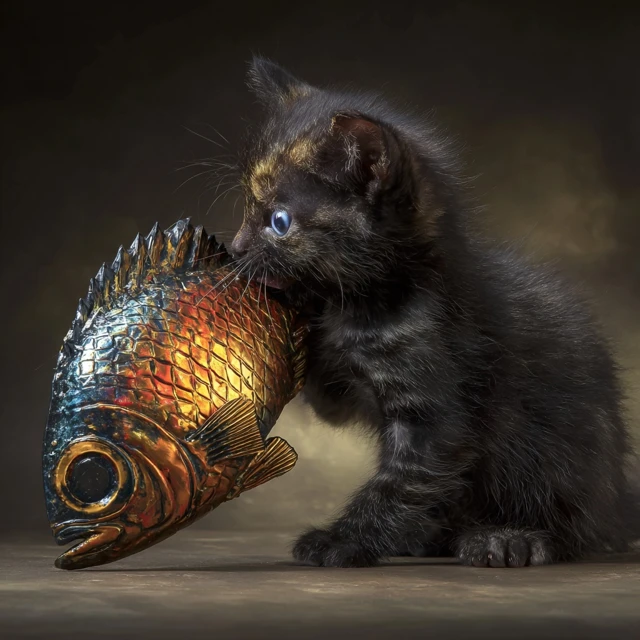 Tiny Kitten Confronts Giant Fish A Whimsical Scene