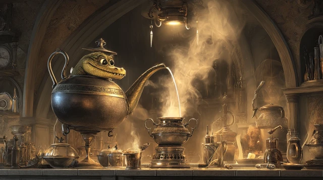 Mischievous Steampunk Teapot Pouring Tea