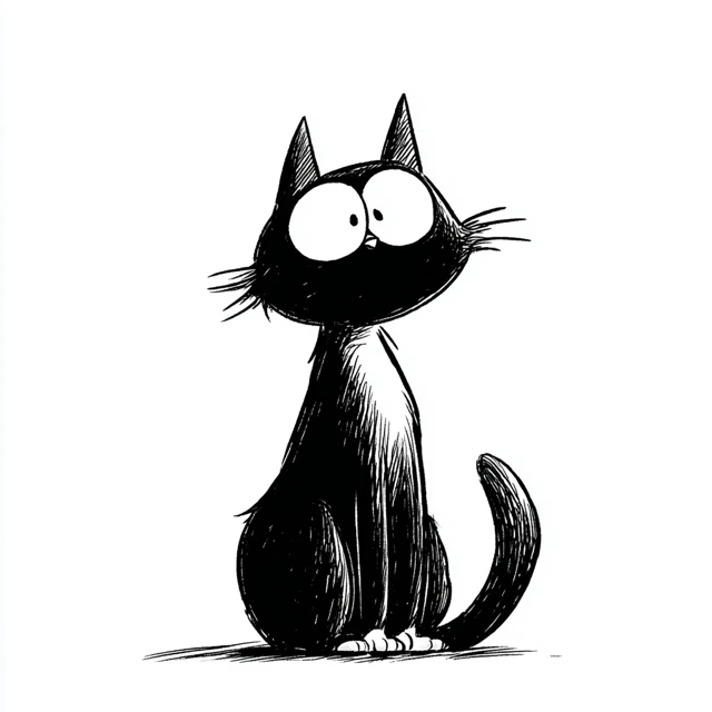 Cartoon Cat Simple Black and White Ink Drawing
