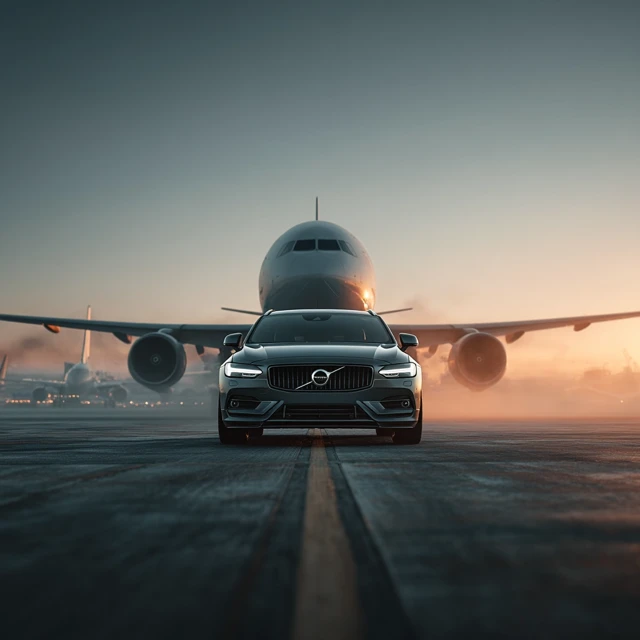 Volvo V90 on Tarmac with Plane Cinematic Photography