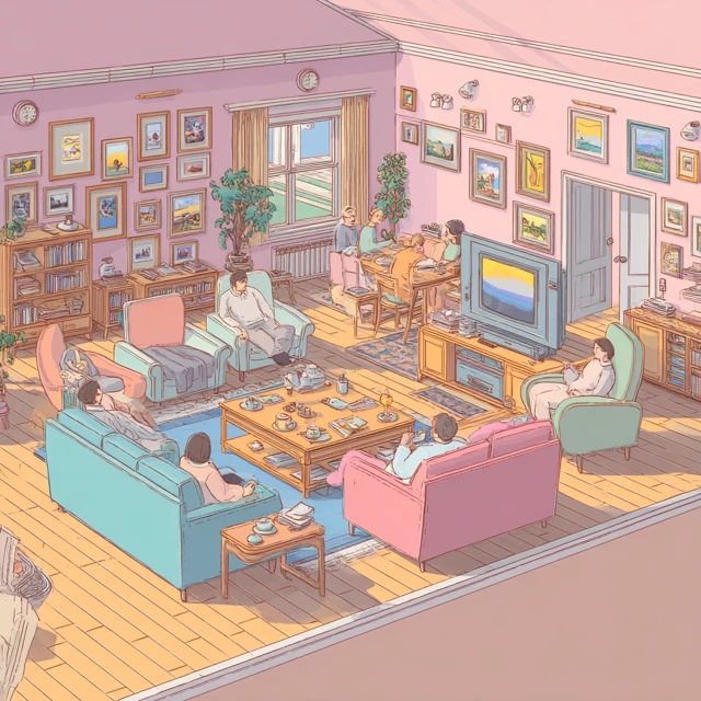 Retro Living Room Isometric with Pastel Colors