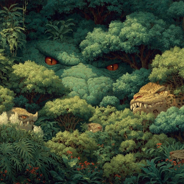90s Fantasy Rainforest Predators Oil Painting