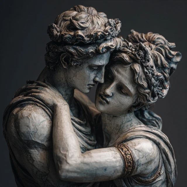 Greek God and Goddess Statue Embrace Dramatic Art