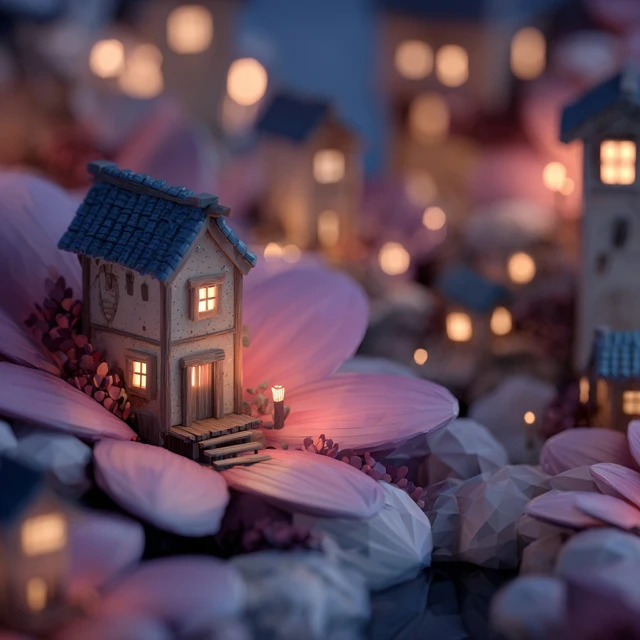 Low Poly Village on a Flower Petal 3D Art