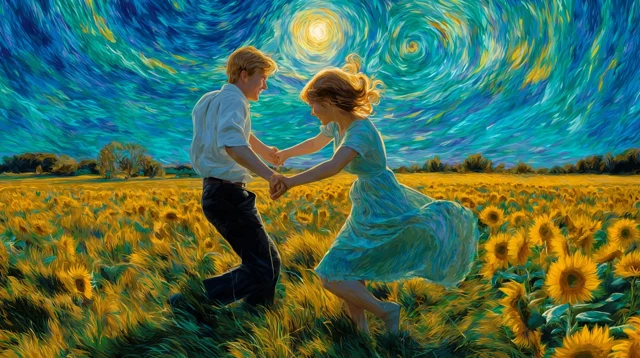 Couple Dancing in a Sunflower Field Van Gogh Style